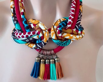 Ethnic Necklace  - African colorful Burgundy Tassel Statement Jewelry - Leather accessories