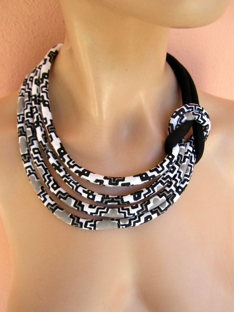 Black & White Batik Rubber & Fabric Necklace