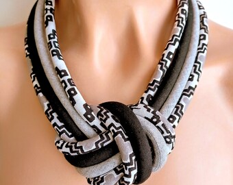 Black and White Fabric Necklace - Knotted Statement  Jewelry