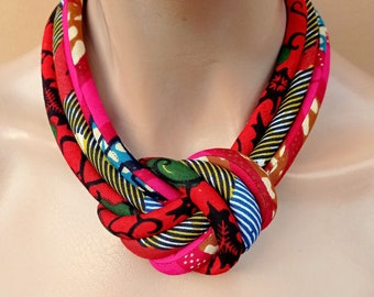 Fabric knot necklace/ red statement necklace/ African necklace