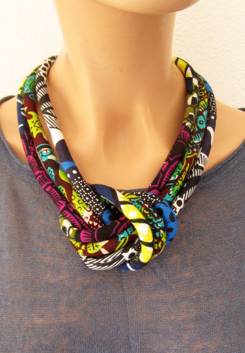 knot Necklace African Fabric Print Purple Yellow Etsy