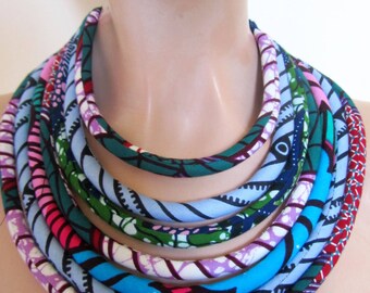 Floral Fabric necklace - African cord jewelry - Statement jewelry set