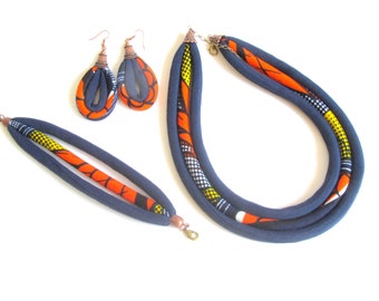 Navy blue jewelry -  african fabric ethnic bib blue necklace