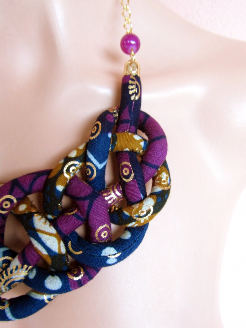 Bib Necklace Sailors knot jewelry African wax fabric purple | Etsy