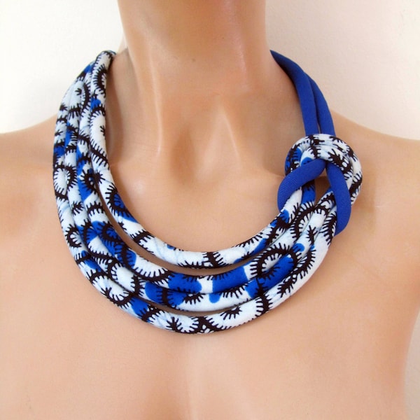 Blue Fabric knot Necklace . African Print Necklaces - Ankara jewelry