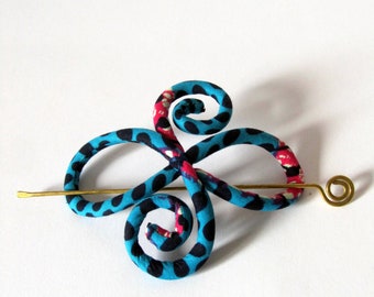 Hair Bun Cage Holder - Ethnic hair slide pin  - Boho fabric hair barrette - Brass Hair Fork