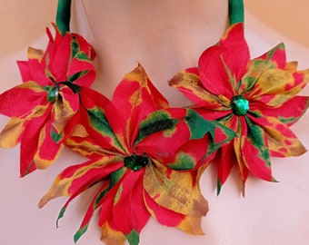 Floral Christmas necklace - African bib flower jewelry - Red Poinsettia Christmas