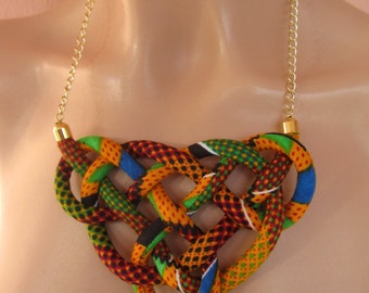 African textile knot Jewelry, Kente fabric Bib Necklace