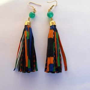 Kente fringe Earrings African Print Textile Green Tassel Long Dangling Earrings image 2