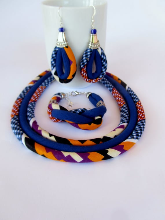 Cobalt-Blue Kente Set - African Jewelry Earrings Bracciale Collana Set