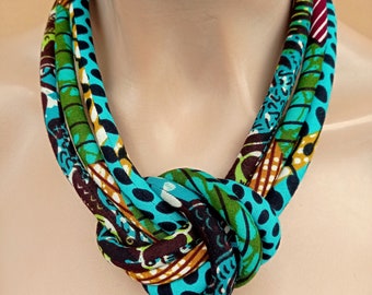 Fabric bib necklace, african wax print with a central knot - turquoise, caribbean green, capri