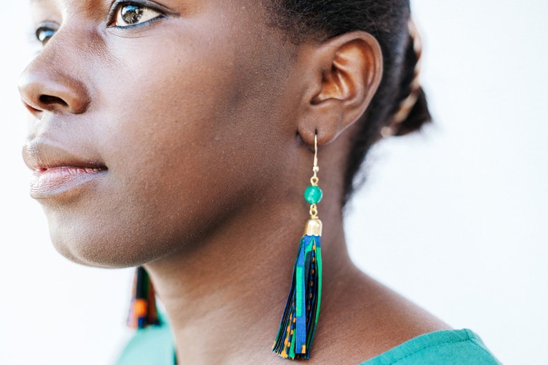 Kente fringe Earrings African Print Textile Green Tassel Long Dangling Earrings image 1