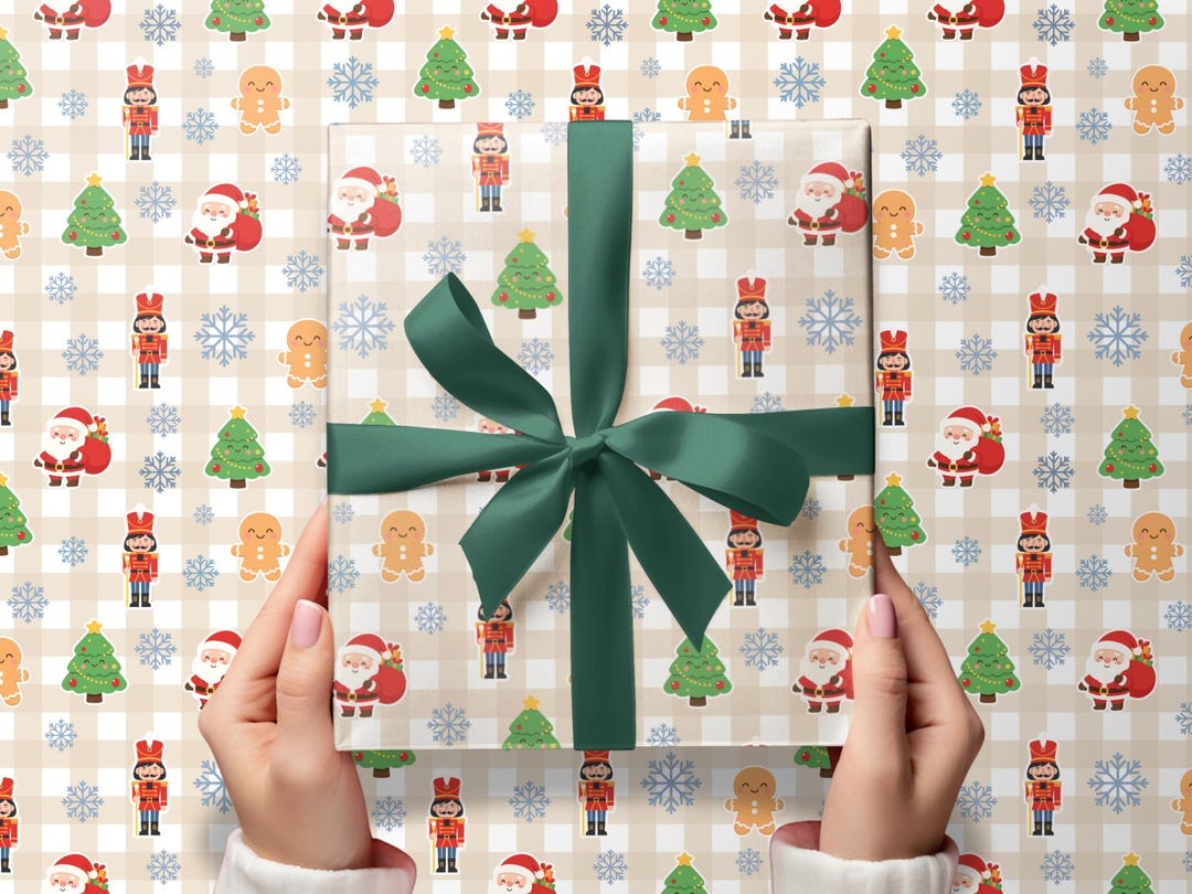 Christmas Decorated Wrapper Cute Christmas Wrapping Paper | Beige Plaid Holiday Gift Wrap | Santa ...
