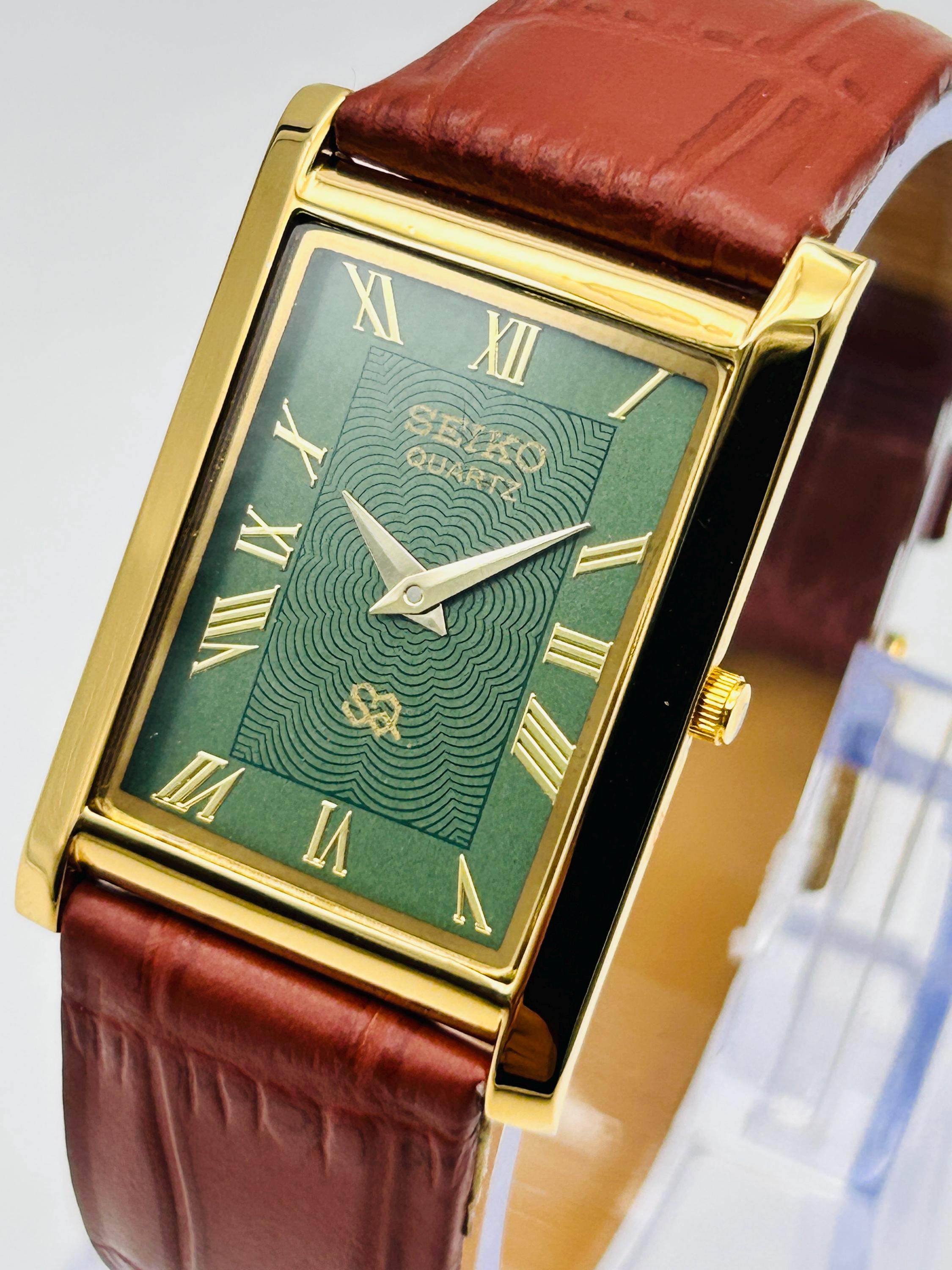 Vintage Seiko Tank Watch: Green-gold Plated, Handmade Leather Band