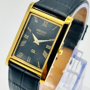 Vintage Seiko Slim Tank Quartz Herren Schwarz-Gold Armbanduhr Handmade Leder Band (Kostenloser Versand)