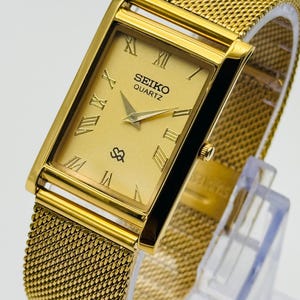 Vintage Seiko Slim Tank Quartz Men&#39;s Gold Plated Wrist Watch Gold Dial Handmade Mesh Strap (Free Shipping)