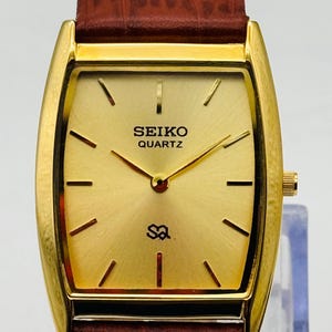 Vintage Seiko Slim Tank Quarz Herren Gold Armbanduhr Handgemachtes Leder Band (Kostenloser Versand)