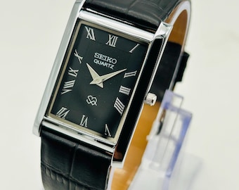 Vintage Seiko Tank Watch: Stainless Steel & Handmade Leather Band