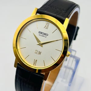 Vintage Seiko Tank Watch: Gold Plated, Leather Band, 35.5mm