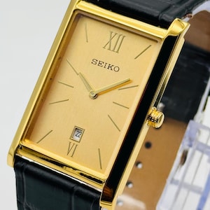 Vintage Seiko Slim Tank Quarz Herren Gold Plated Nur Datum Gold Zifferblatt Armbanduhr Handmade Leder Band (Kostenloser Versand)