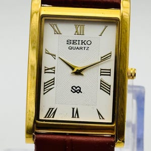 Vintage Seiko Tank Watch: Gold Plated, White Dial, Handmade Leather Band