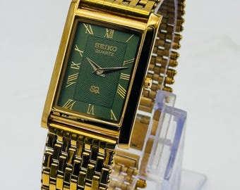 Vintage Seiko Tank Watch: Gold Plated, Green Dial, Leather Band