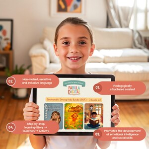 Puede incluir: Una niña sonríe mientras sostiene una tableta que muestra "FABULA DIGITAL" y portadas de libros. La tableta destaca características como lenguaje no violento, contenido estructurado y desarrollo de la inteligencia emocional. El paquete incluye tres libros en formato PDF.