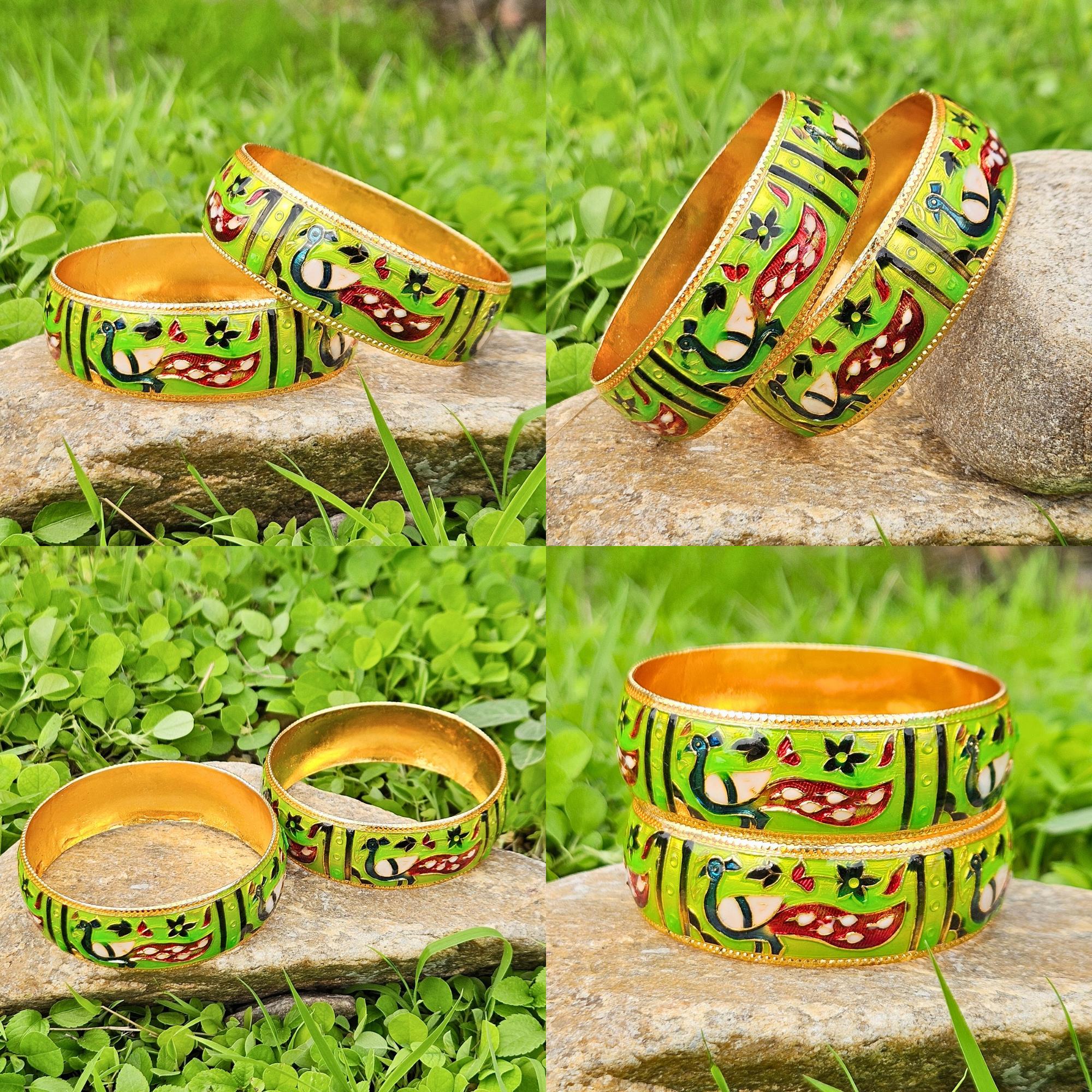 Hand Painted Meenakari Peacock Bangles Set - Traditional Enamel