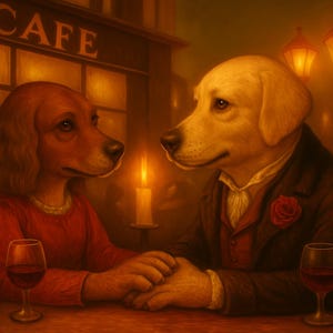 French Collection Romantic Dog Couple at Parisian Café – Vintage-Style Art Print, French Bistro Wall Decor, Canine Lovers Illustration