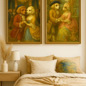 French Collection Romantic Rococo Dog Couple Art Print – Vintage Style  Dog Lovers by Fountain – Whimsical French-Inspired Wall Decor