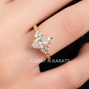 1.0ct Marquise Cut Lab Grown Diamond Engagement Ring, IGI Certified Marquise EF-VS Cluster Diamond Ring, 14K Solid Yellow Gold Ring For Her