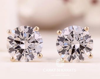 IGI Certified Round Lab Grown Diamond Stud Earrings, 3.0TC Diamond Earrings, 14K Solid Gold Earrings For Women, Classic Screw Back Earrings