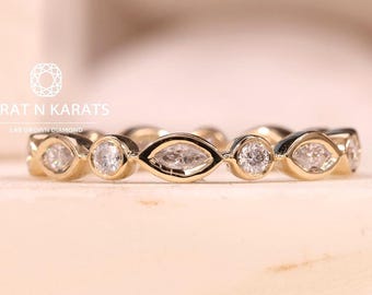 Marquise & Round Cut Diamond Bezel Set Wedding Band, Comfort Fit Full Eternity Band for Her, Matching Band for Engagement Ring, Gift for Her