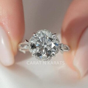 2.0ct Round Cut Lab Grown Diamond Nature Inspire Ring, IGI Certified Round Halo Leaf Wedding Ring, 14K Solid White Gold Anniversary Ring