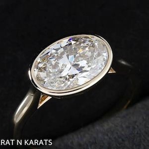 East West Diamond Ring, Bezel Setting 3.0ct Oval Lab Grown Diamond Engagement Ring, Unique Tulip Style Solitaire Ring, 14K Solid Gold Ring