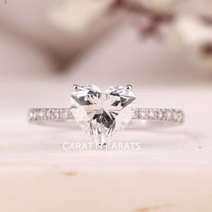 1 Carat Heart Shape Engagement Ring, Heart Shaped Diamond Pave Ring, Women Bridal Ring, Heart Cut Lab Diamond E-VS Solitaire Ring For Her