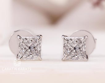 Pendientes de botón con diamantes cultivados en laboratorio de talla princesa, pendientes de botón con diamantes cuadrados, pendientes de botón solitario, pendientes minimalistas de oro, regalo de joyería nupcial