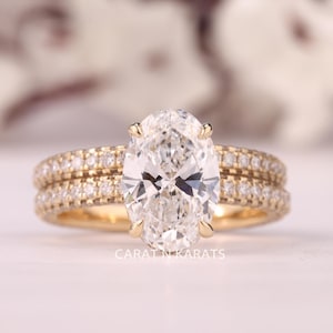 2.5 Carat E VS IGI Certified Oval Lab Grown Diamond Hidden Halo Engagement Ring Set, Matching Round Diamonds Pave Wedding Band For Her