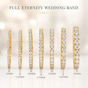 May include: Seven gold full eternity wedding bands arranged in a row, each set with round stones. The bands are labeled with widths of 1.0mm, 1.20mm, 1.50mm, 1.70mm, 2.0mm, 2.50mm, and 3.0mm. The text at the top reads FULL ETERNITY WEDDING BAND.