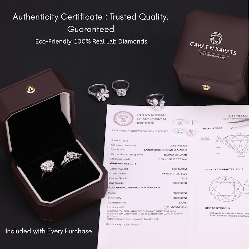 May include: An open brown jewelry box displays two diamond rings, with three additional rings visible. A certificate from the International Gemological Institute is also present, along with a Carat N Karats box. The text reads "Authenticity Certificate: Trusted Quality."