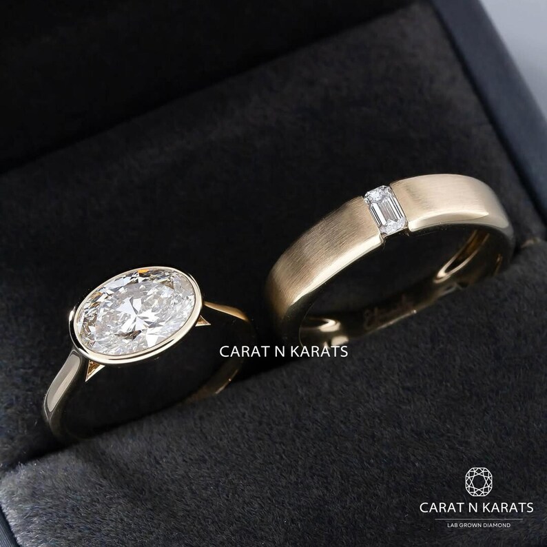 East West Diamond Ring, Bezel Setting 3.0ct Oval Lab Grown Diamond Engagement Ring, Unique Tulip Style Solitaire Ring, 14K Solid Gold Ring