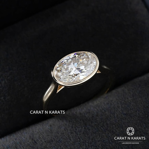 East West Diamond Ring, Bezel Setting 3.0ct Oval Lab Grown Diamond Engagement Ring, Unique Tulip Style Solitaire Ring, 14K Solid Gold Ring