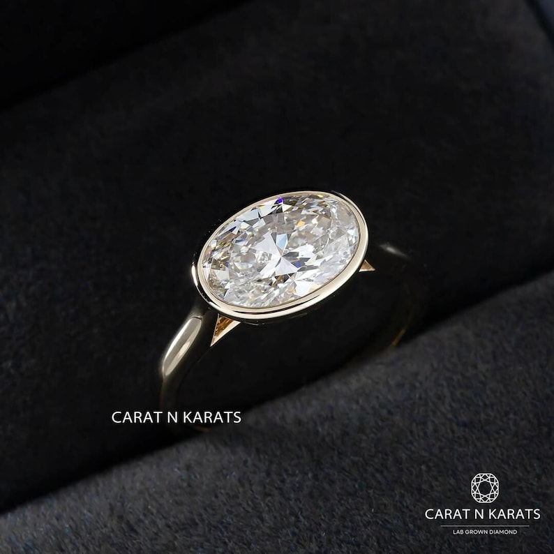 East West Diamond Ring, Bezel Setting 3.0ct Oval Lab Grown Diamond Engagement Ring, Unique Tulip Style Solitaire Ring, 14K Solid Gold Ring