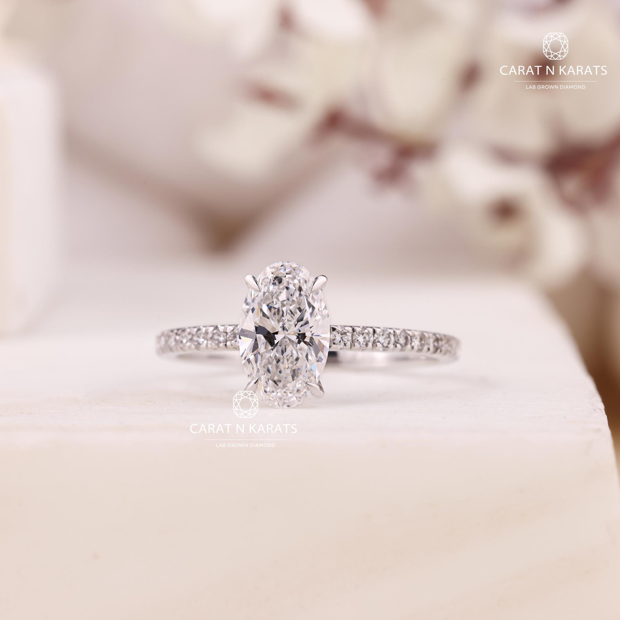 2 CT Oval Cut Lab Grown Diamond Solitaire Accent Ring, 4 Claw 