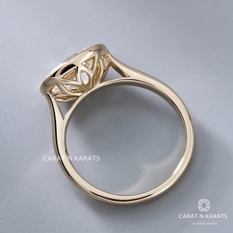 East West Diamond Ring, Bezel Setting 3.0ct Oval Lab Grown Diamond Engagement Ring, Unique Tulip Style Solitaire Ring, 14K Solid Gold Ring