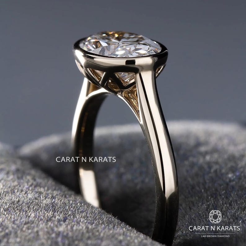 East West Diamond Ring, Bezel Setting 3.0ct Oval Lab Grown Diamond Engagement Ring, Unique Tulip Style Solitaire Ring, 14K Solid Gold Ring