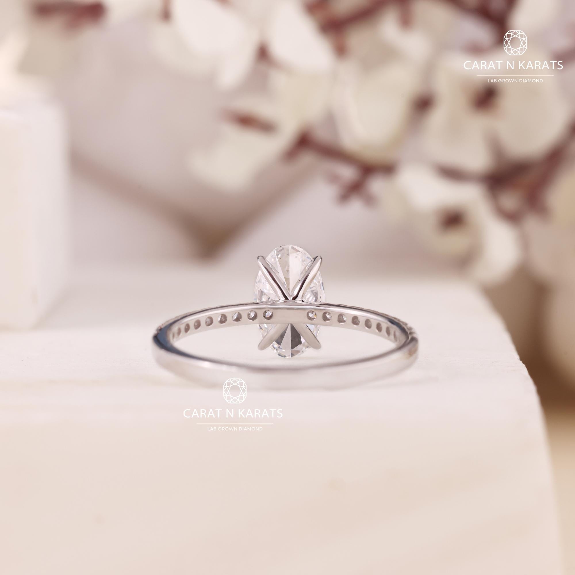 2 CT Oval Cut Lab Grown Diamond Solitaire Accent Ring, 4 Claw 