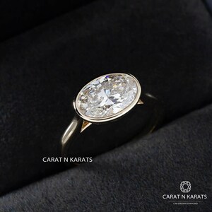 East West Diamond Ring, Bezel Setting 3.0ct Oval Lab Grown Diamond Engagement Ring, Unique Tulip Style Solitaire Ring, 14K Solid Gold Ring