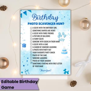 Birthday Photo scavenger Hunt Editable Canva Template for kids tweens teens blue fun birthday photo game printable birthday boy party game
