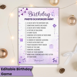 Birthday Photo scavenger Hunt Editable Canva Template for kids tweens purple fun birthday photo game printable birthday girl party game PDF